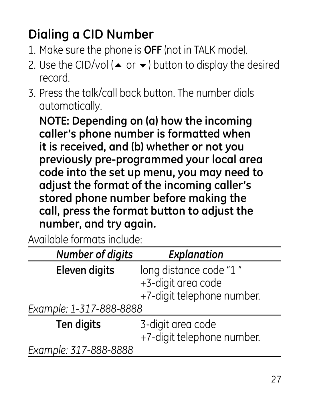 GE 27906 manual Dialing a CID Number, Available formats include Number of digits 