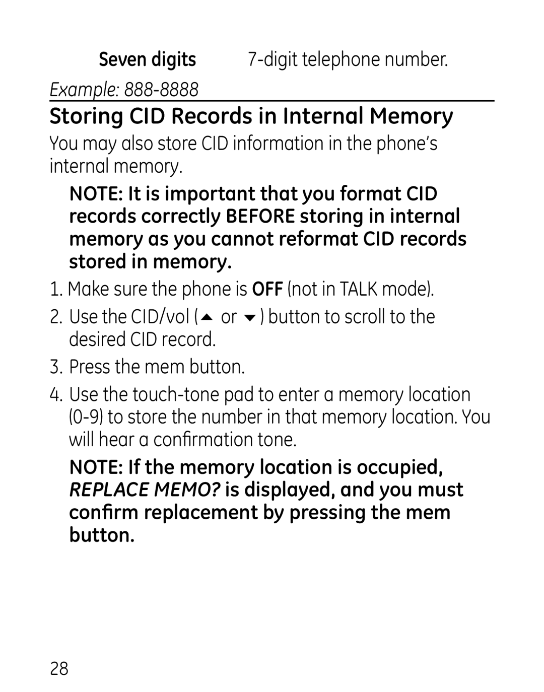 GE 27906 manual Storing CID Records in Internal Memory 