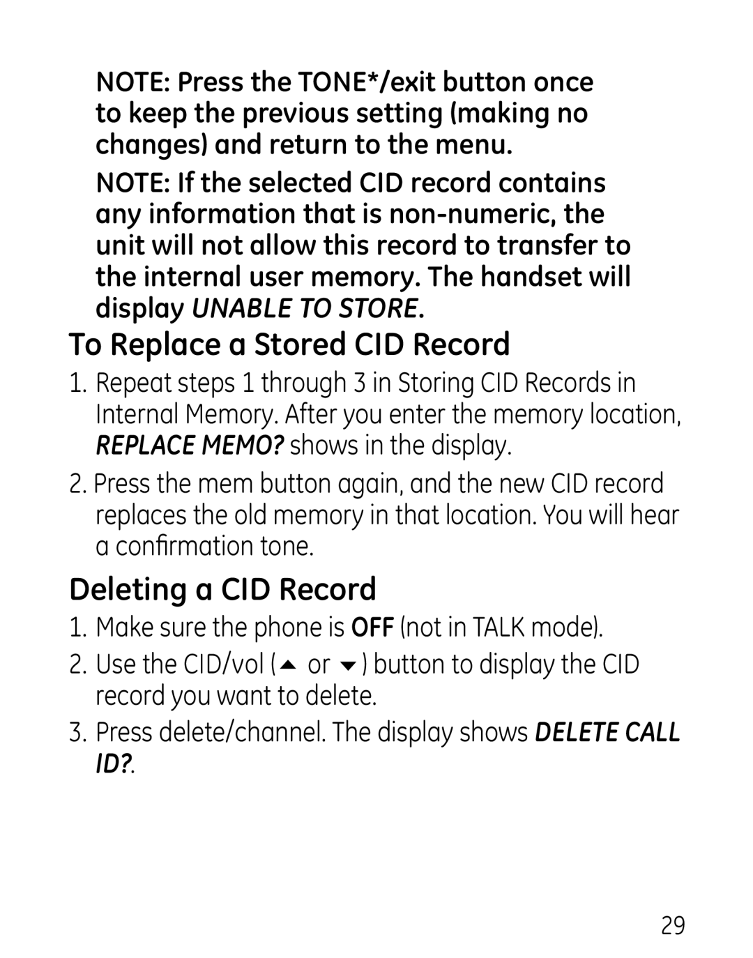 GE 27906 manual To Replace a Stored CID Record, Deleting a CID Record 