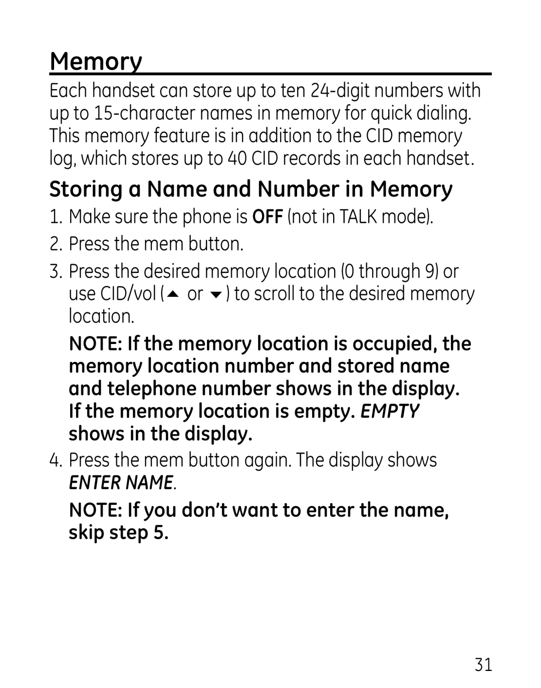 GE 27906 manual Storing a Name and Number in Memory 