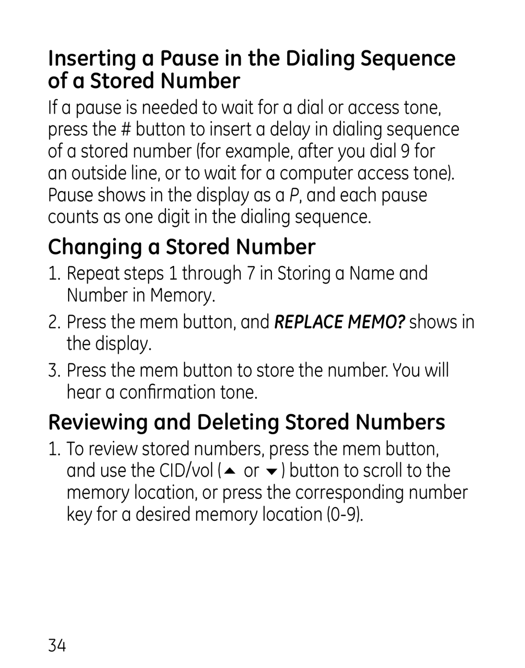 GE 27906 manual Changing a Stored Number, Reviewing and Deleting Stored Numbers 