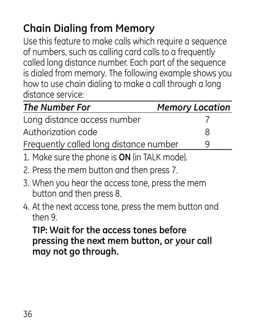 GE 27906 manual Chain Dialing from Memory, Number For 