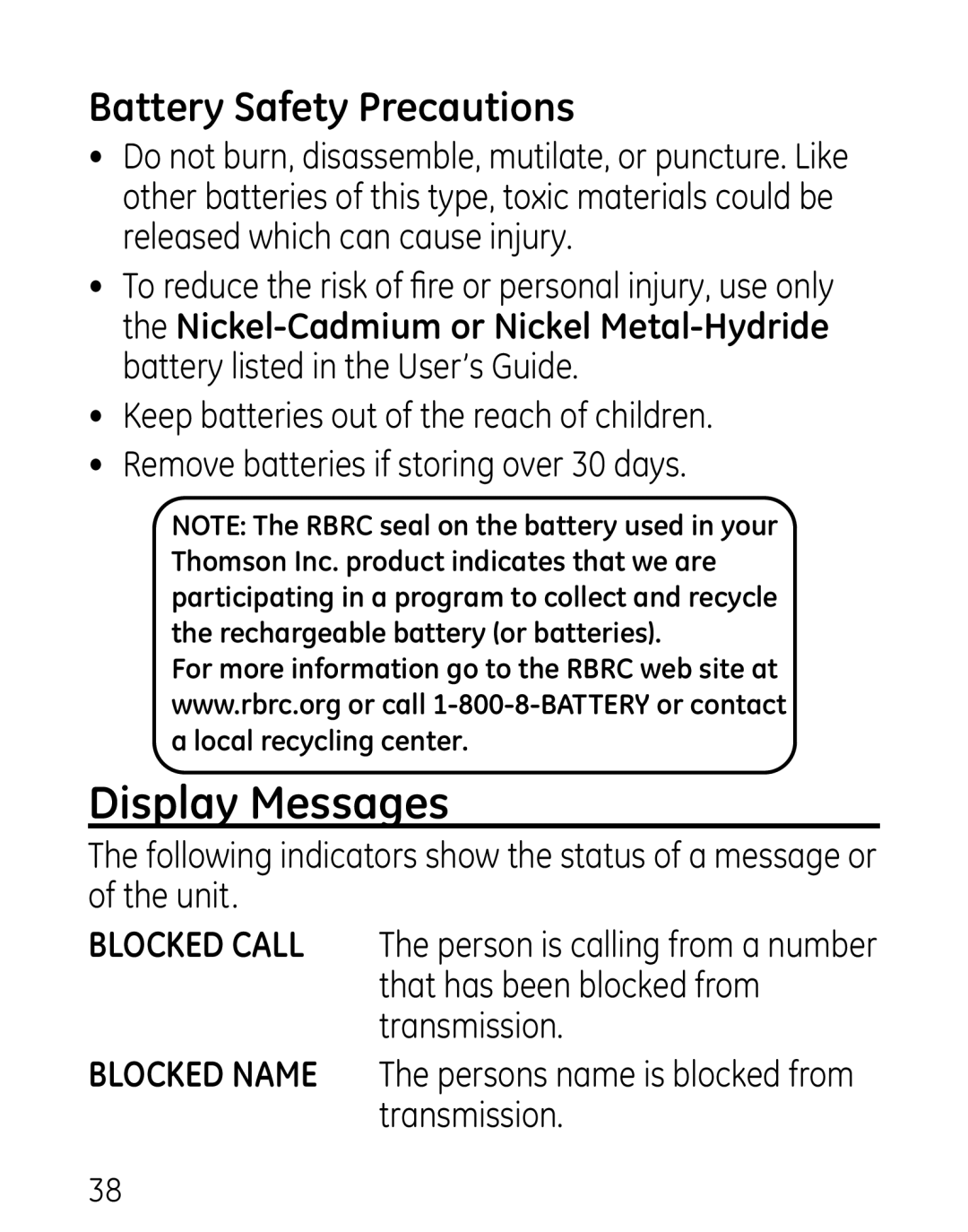 GE 27906 manual Display Messages, Battery Safety Precautions 