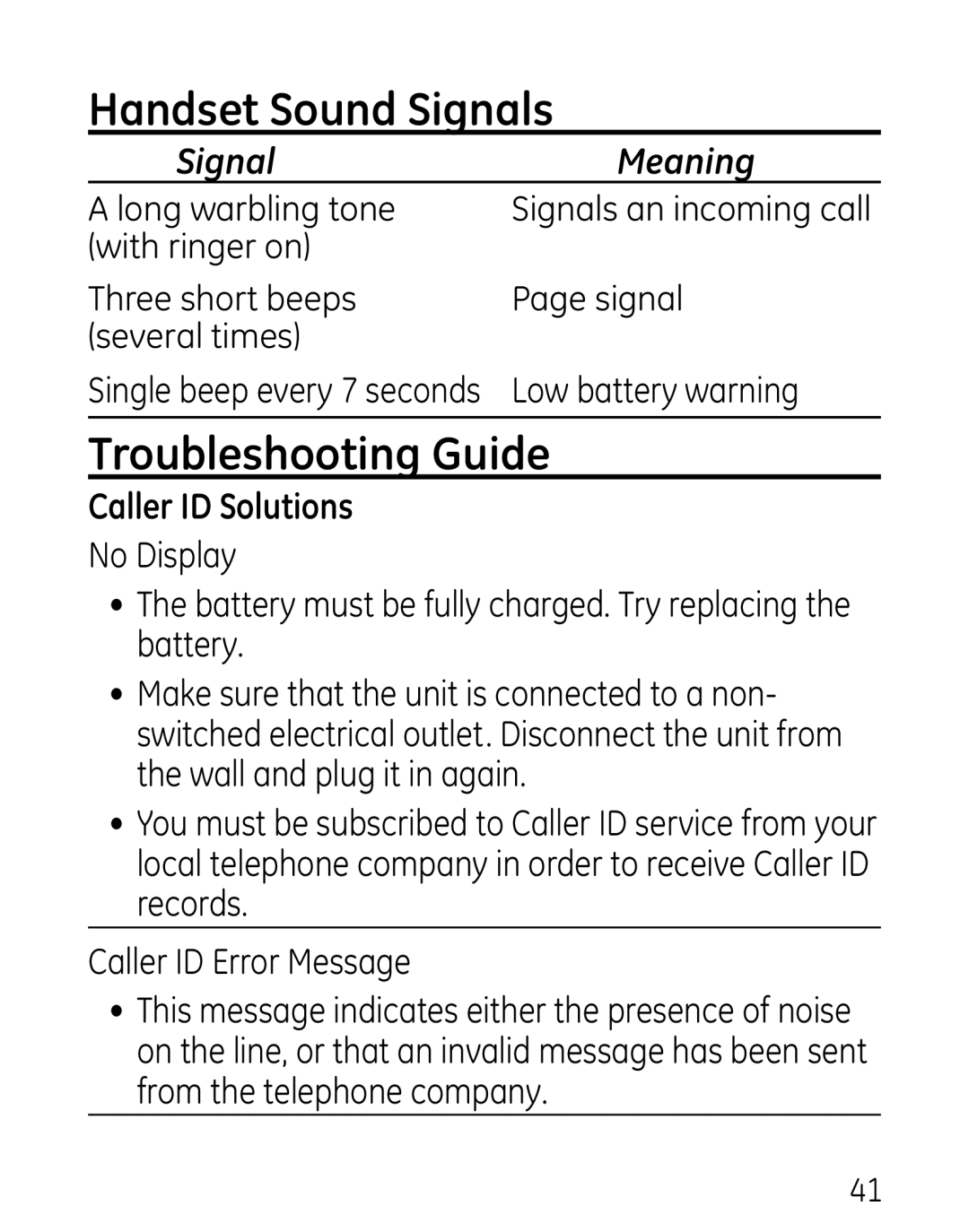 GE 27906 manual Handset Sound Signals, Troubleshooting Guide 