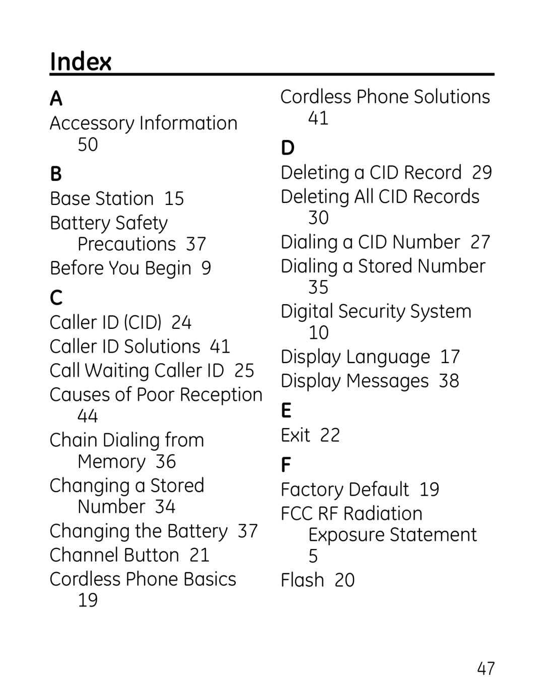 GE 27906 manual Index 