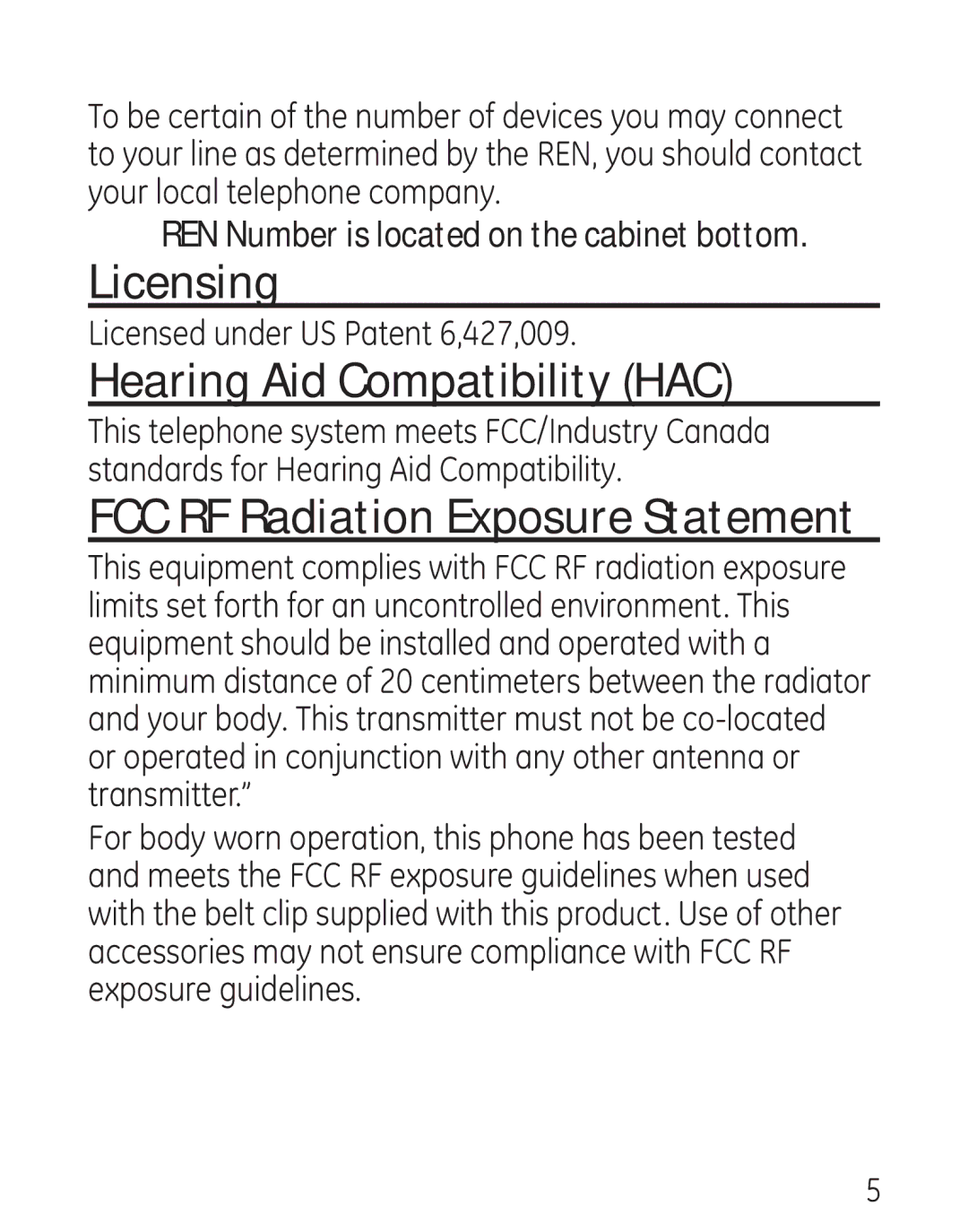 GE 27906 manual Licensing, Hearing Aid Compatibility HAC, FCC RF Radiation Exposure Statement 