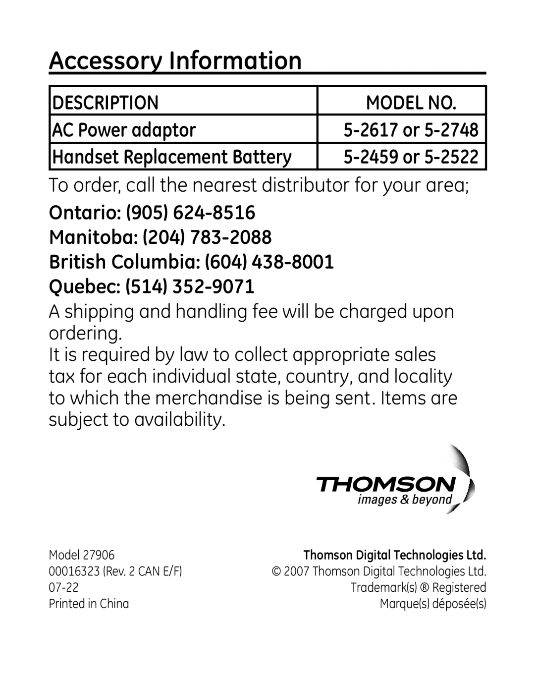 GE 27906 manual Accessory Information, Description Model no 