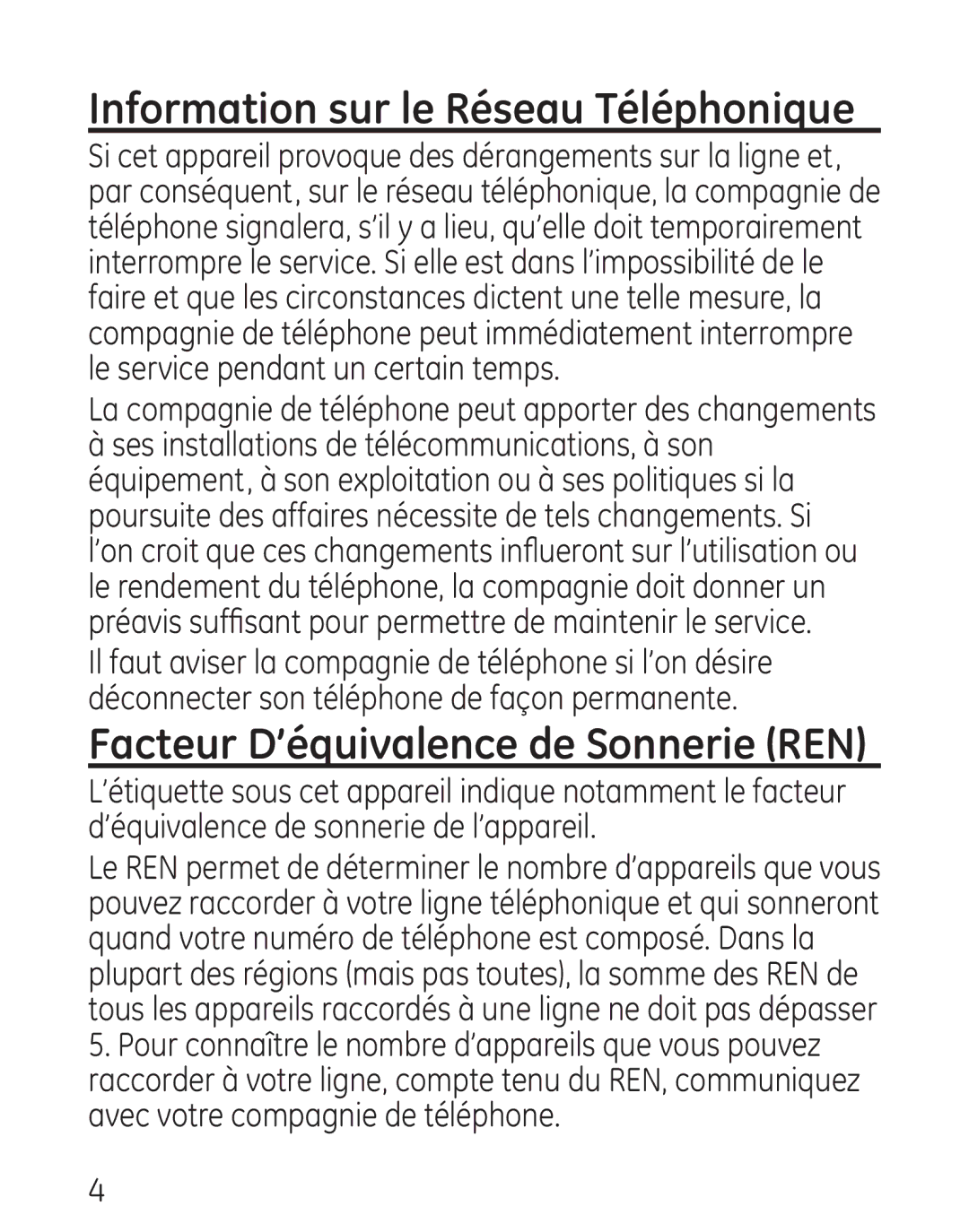 GE 27906 manual Information sur le Réseau Téléphonique, Facteur D’équivalence de Sonnerie REN 