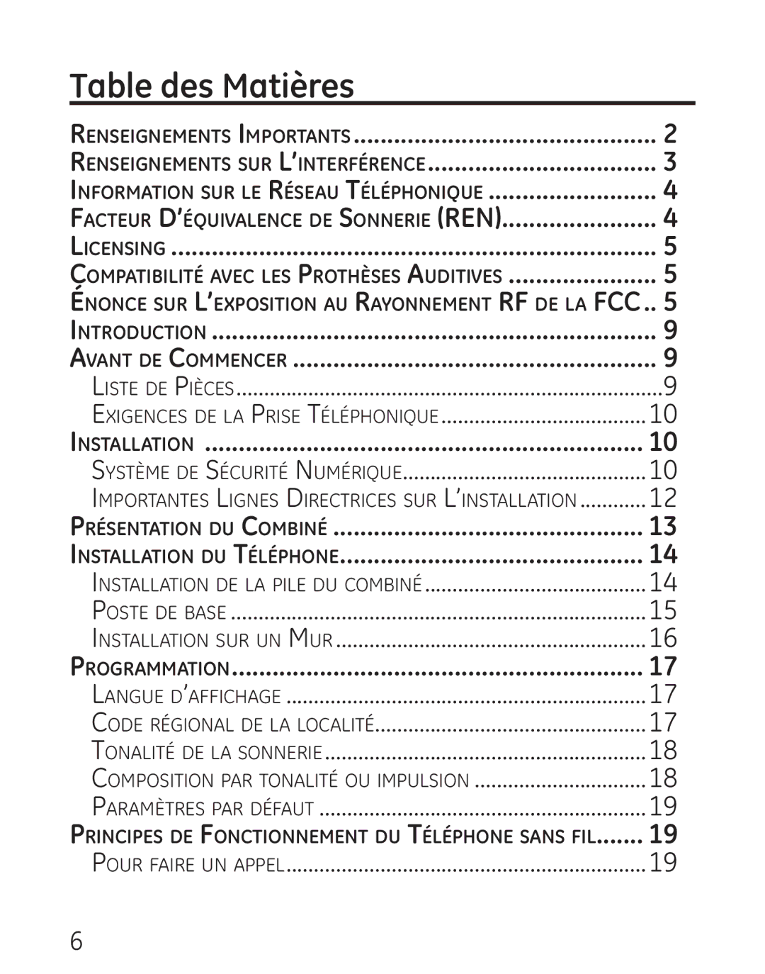 GE 27906 manual Table des Matières, Renseignements sur L’interférence 