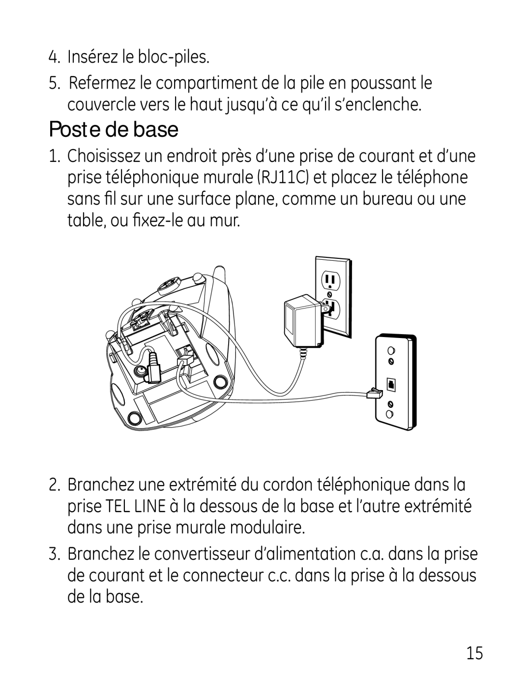 GE 27906 manual Poste de base, Insérez le bloc-piles 