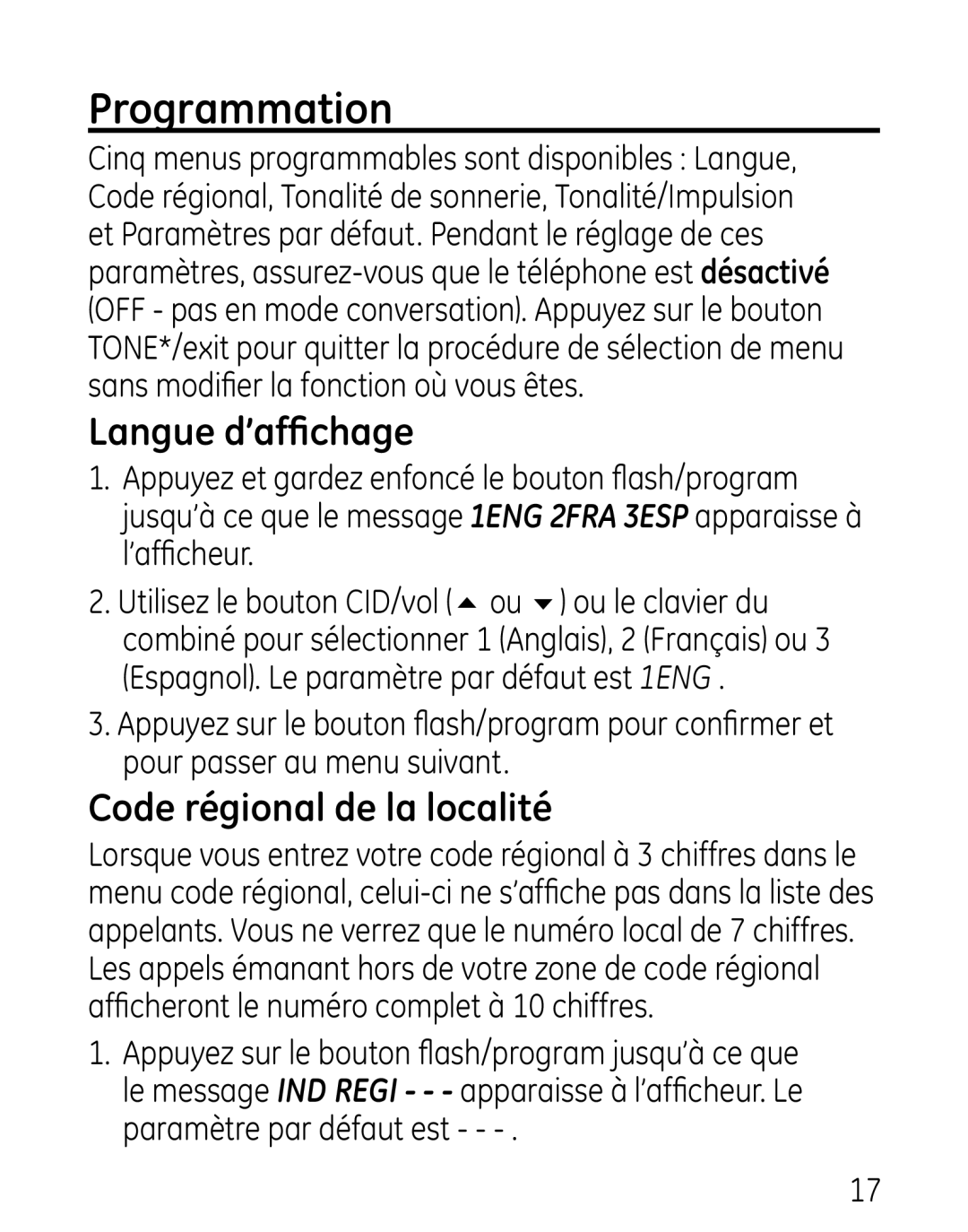 GE 27906 manual Programmation, Langue d’affichage, Code régional de la localité 