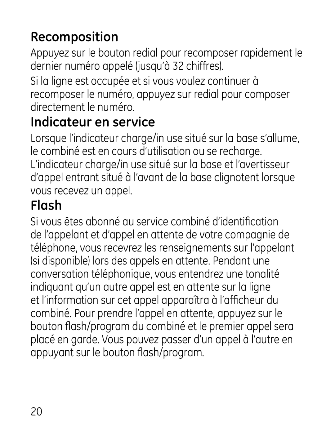 GE 27906 manual Recomposition, Indicateur en service, Flash 