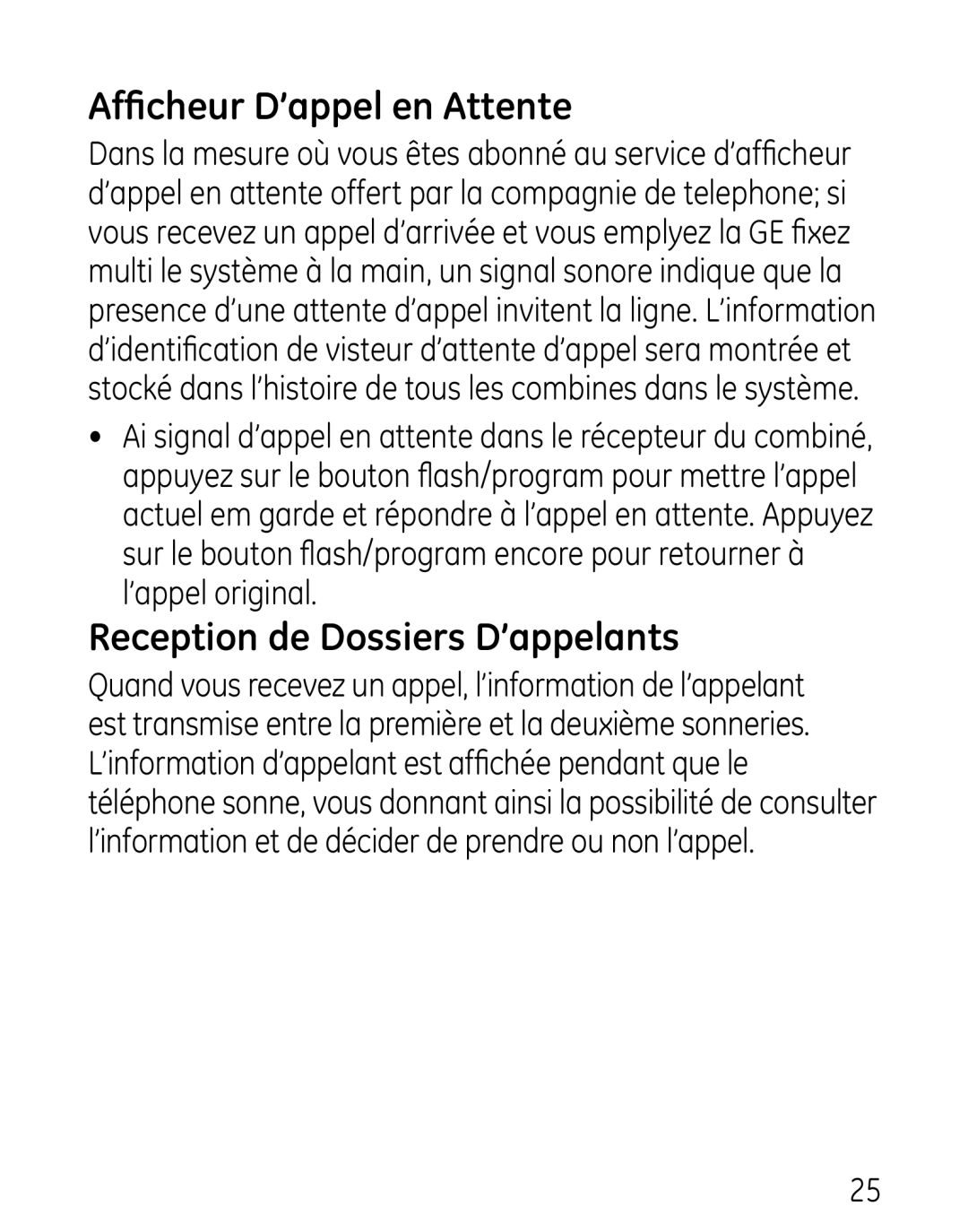 GE 27906 manual Afficheur D’appel en Attente, Reception de Dossiers D’appelants 