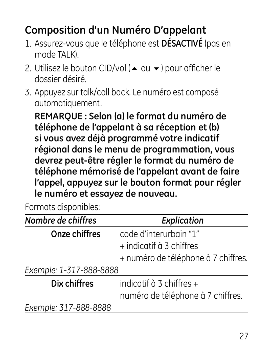 GE 27906 manual Composition d’un Numéro D’appelant, Nombre de chiffres Explication 