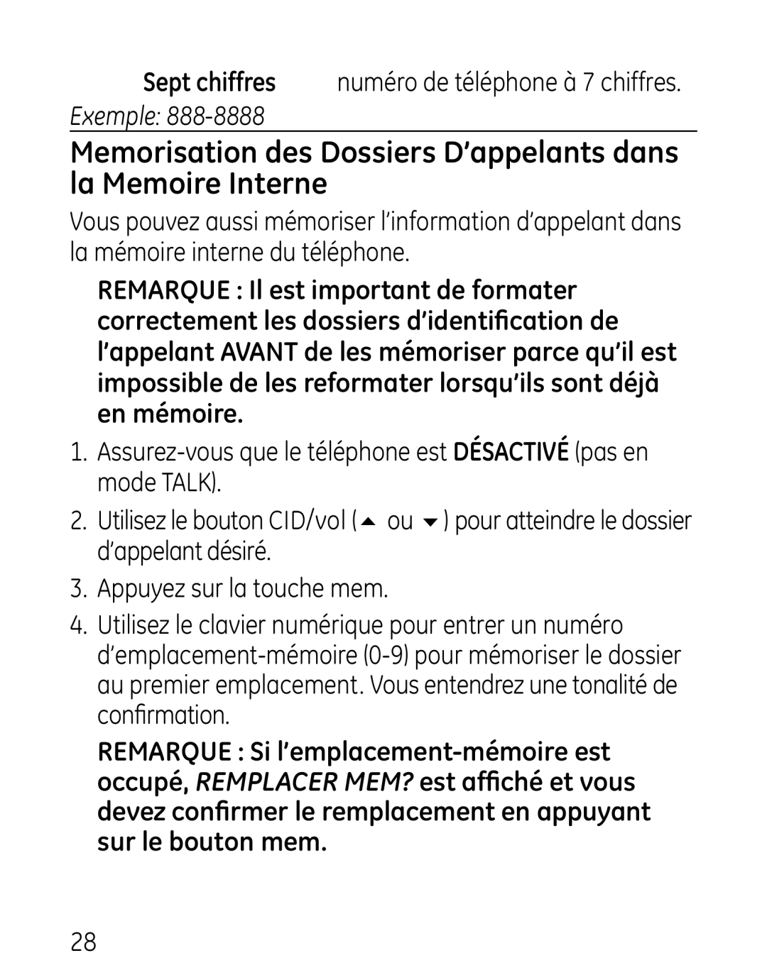 GE 27906 manual Sept chiffres numéro de téléphone à 7 chiffres 