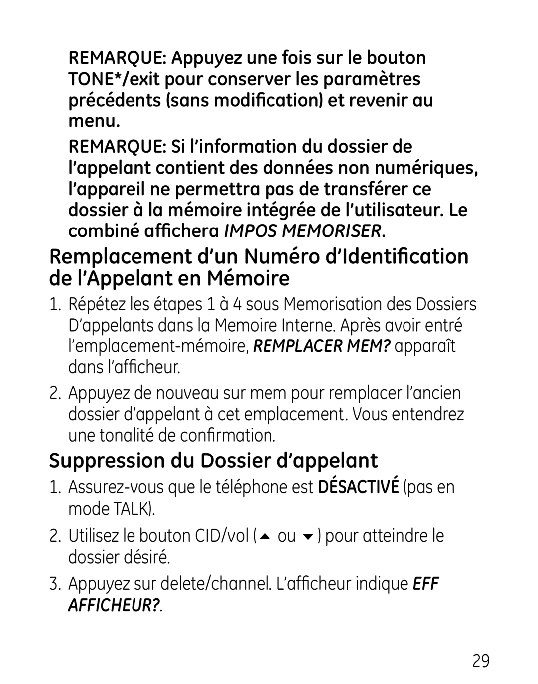 GE 27906 manual Suppression du Dossier d’appelant 