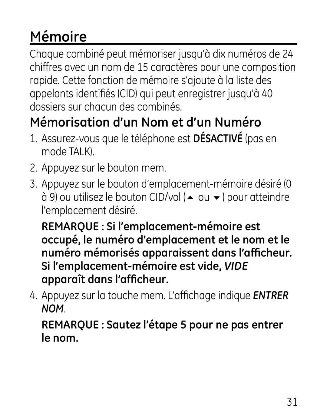 GE 27906 manual Mémoire, Mémorisation d’un Nom et d’un Numéro 