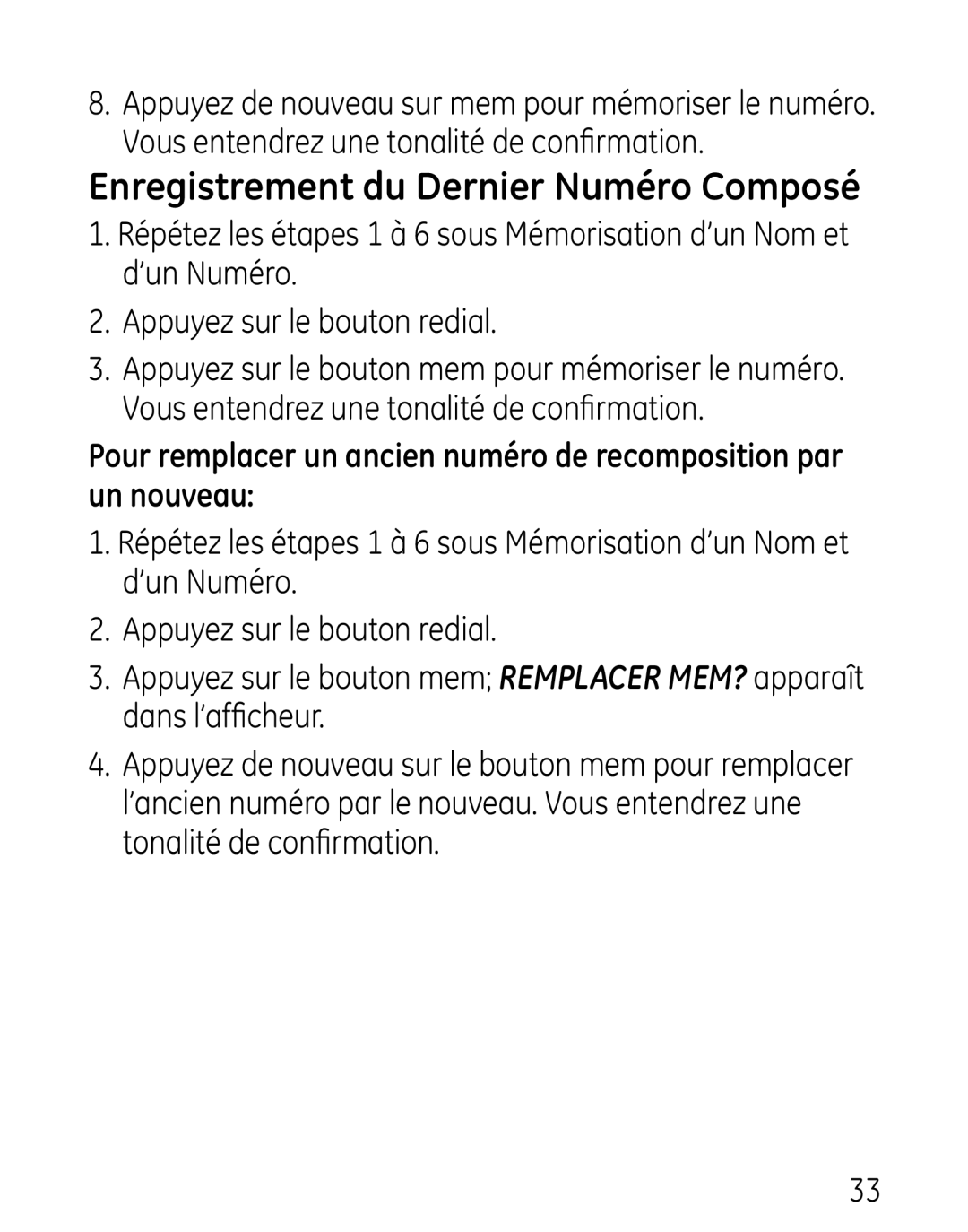 GE 27906 manual Enregistrement du Dernier Numéro Composé 