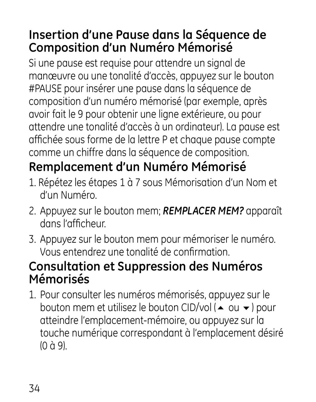 GE 27906 manual Remplacement d’un Numéro Mémorisé, Consultation et Suppression des Numéros Mémorisés 