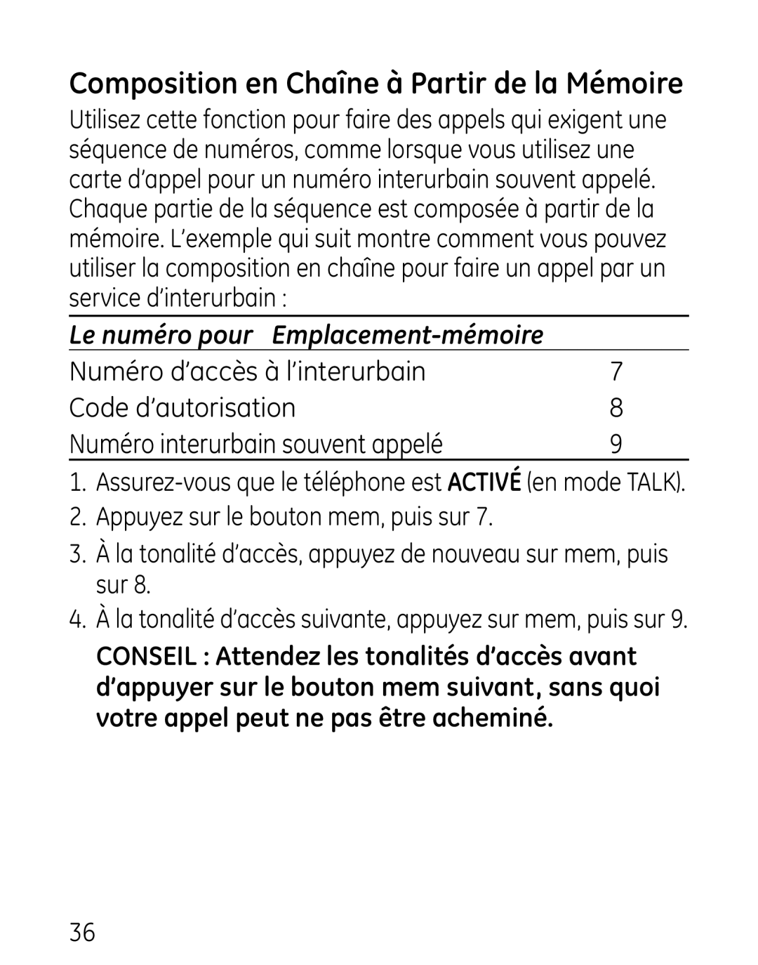 GE 27906 manual Composition en Chaîne à Partir de la Mémoire, Le numéro pour Emplacement-mémoire 