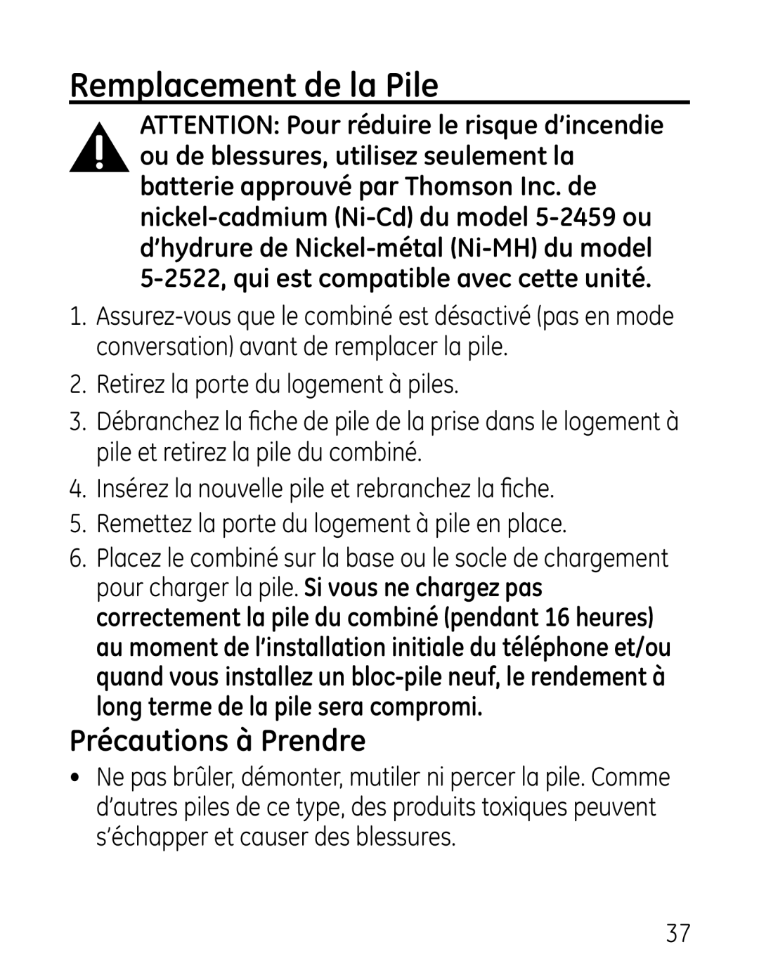 GE 27906 manual Remplacement de la Pile, Précautions à Prendre 