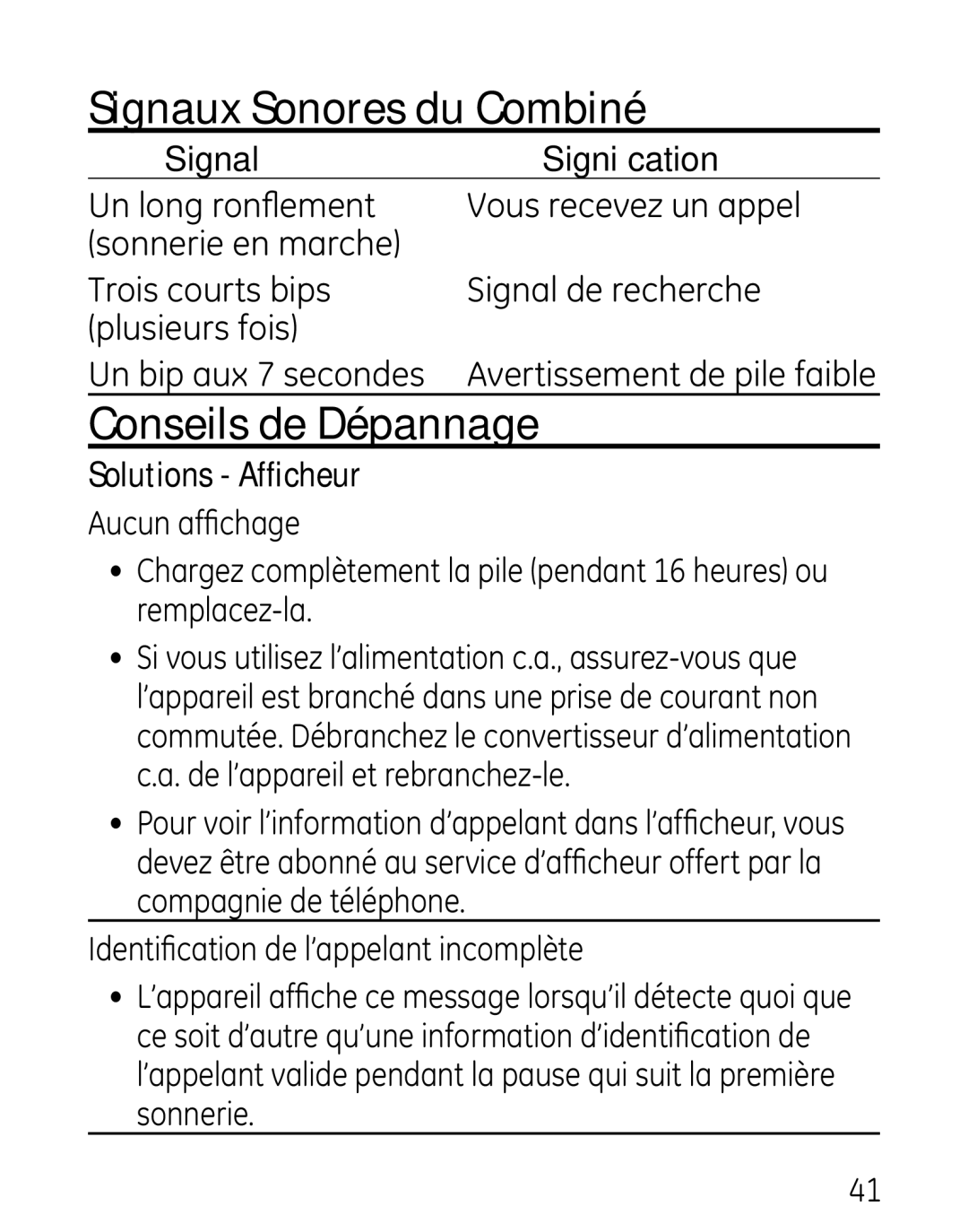 GE 27906 manual Signaux Sonores du Combiné, Conseils de Dépannage 