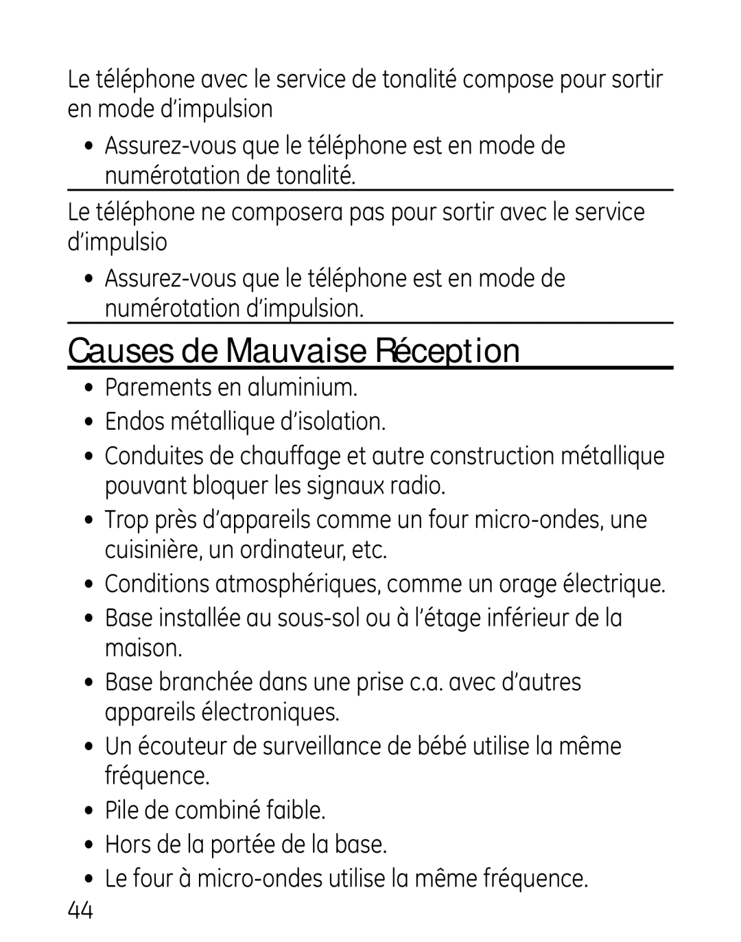 GE 27906 manual Causes de Mauvaise Réception 