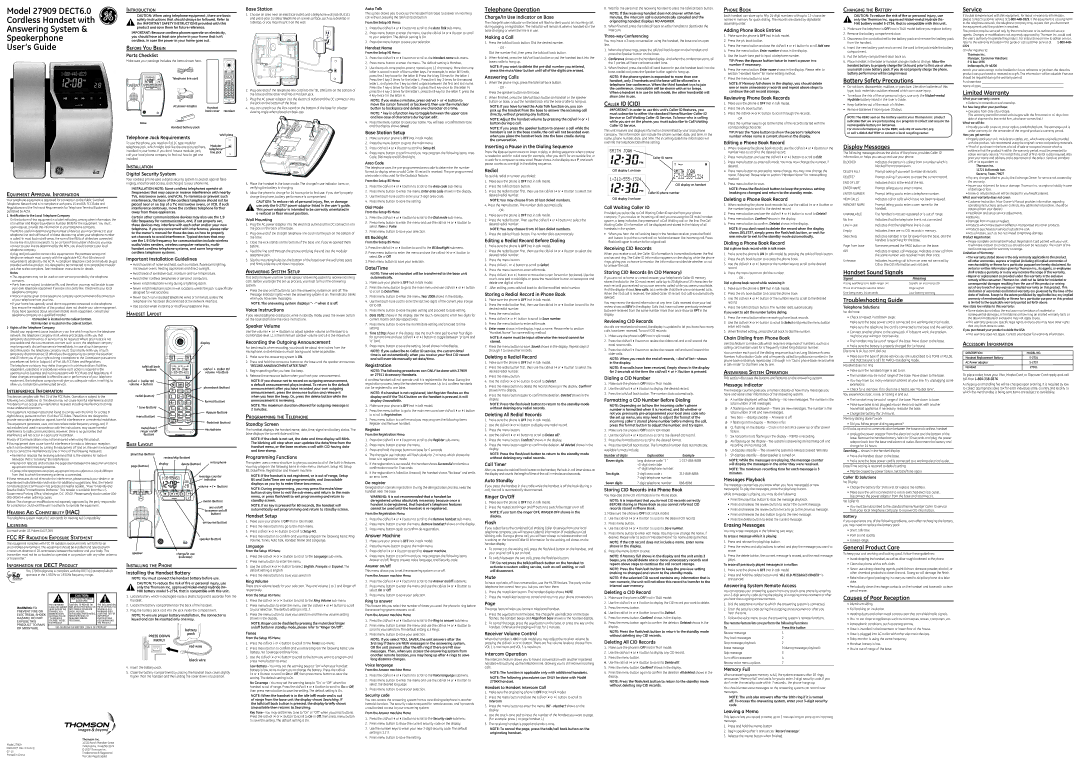 GE 00018927 warranty Parts Checklist, Telephone Jack Requirements, Digital Security System, Installing the Handset Battery 