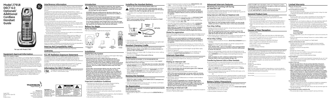 GE 27913 warranty Equipment Approval Information, Interference Information, Hearing Aid Compatibility HAC, Licensing 