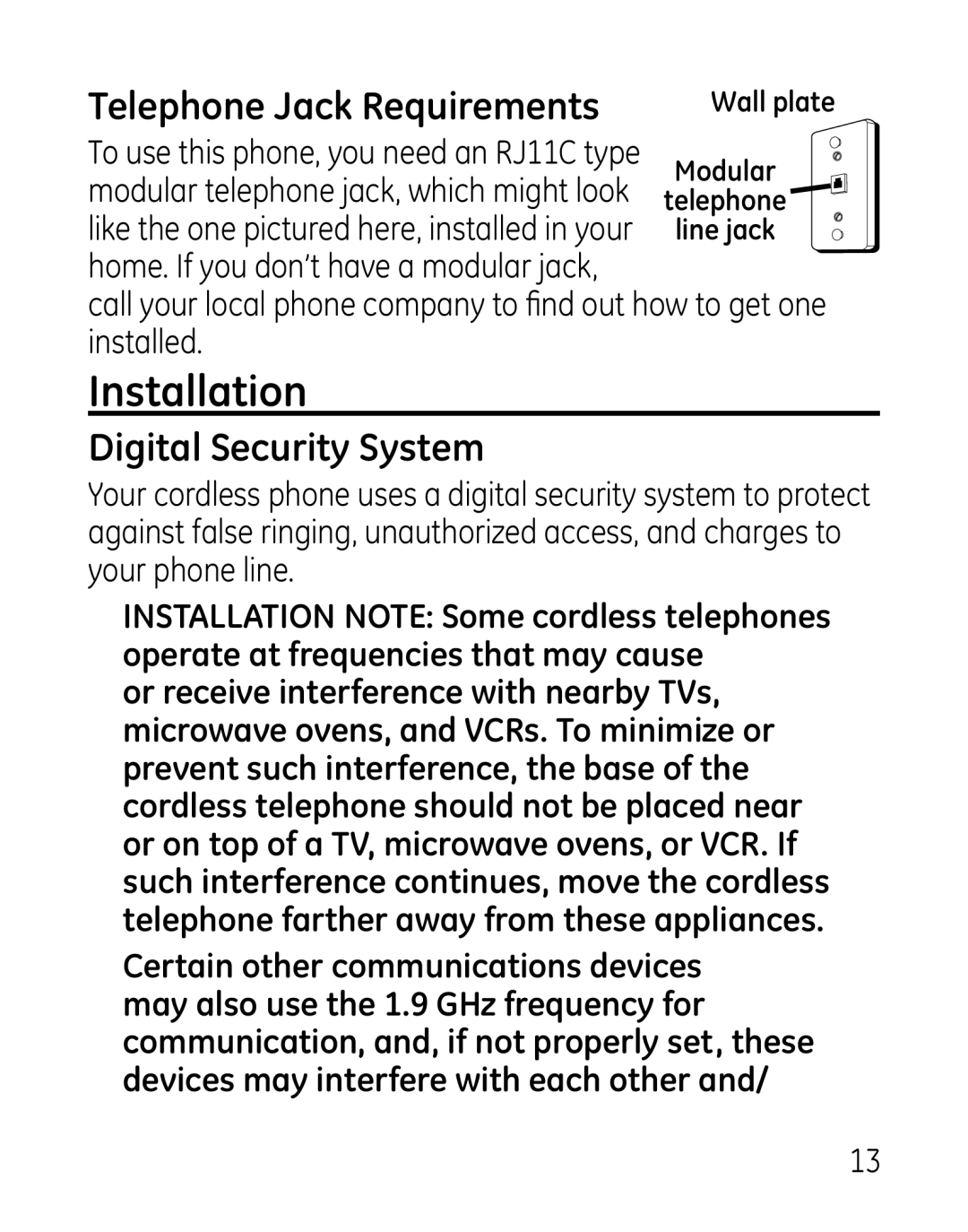 GE 7907, 27918, 00019188 manual Installation, Telephone Jack Requirements, Digital Security System 