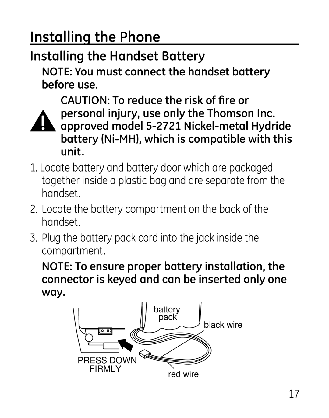 GE 00019188, 27918, 7907 manual Installing the Phone, Installing the Handset Battery 