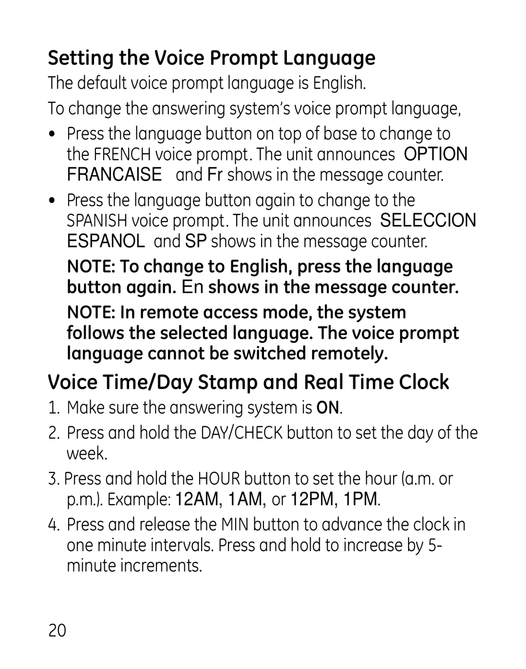 GE 00019188, 27918, 7907 manual Setting the Voice Prompt Language, Voice Time/Day Stamp and Real Time Clock 