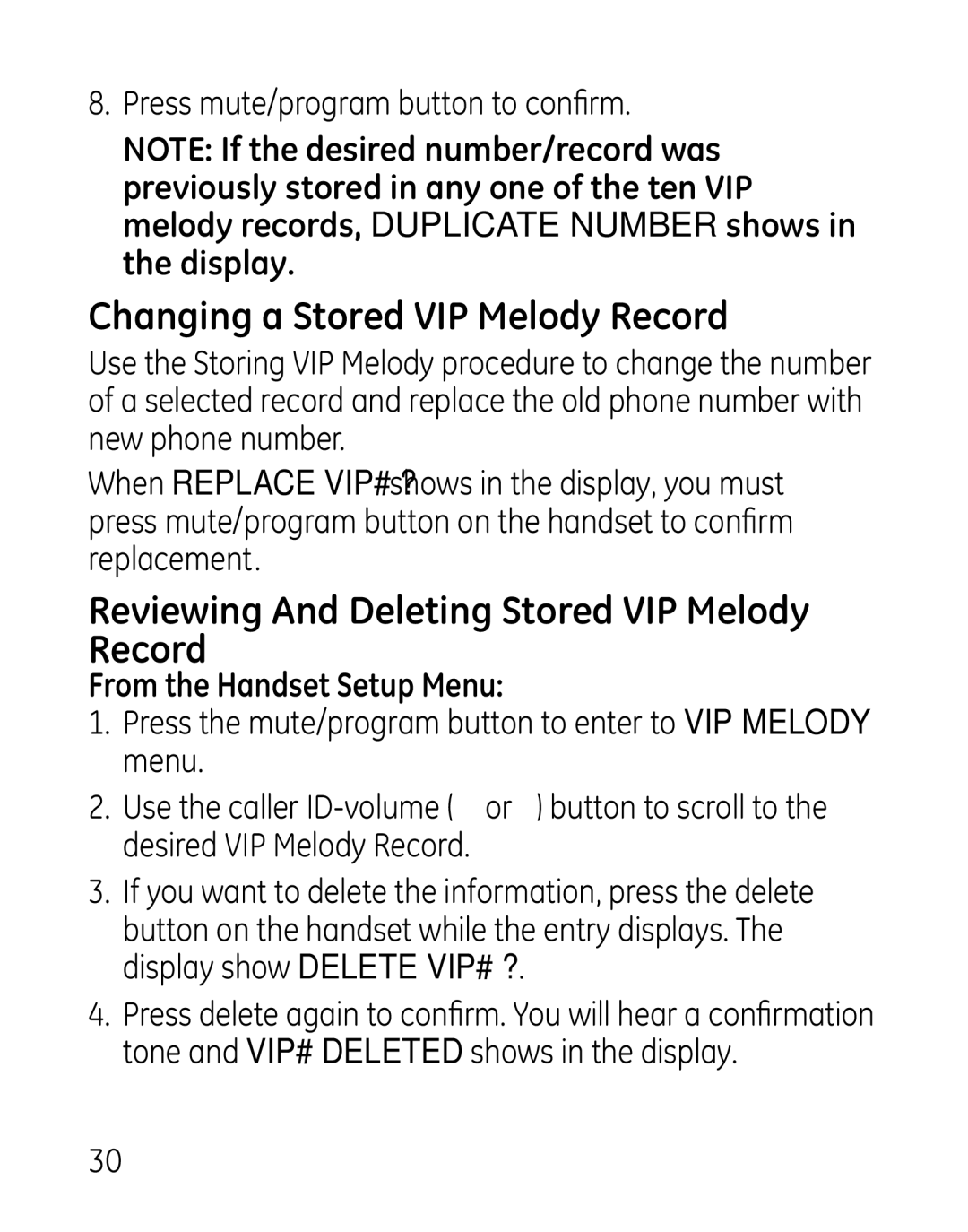 GE 27918, 7907, 00019188 manual Changing a Stored VIP Melody Record, Reviewing And Deleting Stored VIP Melody Record 