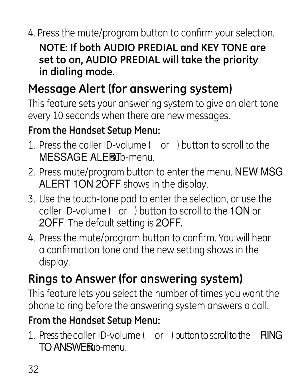 GE 00019188, 27918, 7907 manual Message Alert for answering system, Rings to Answer for answering system 