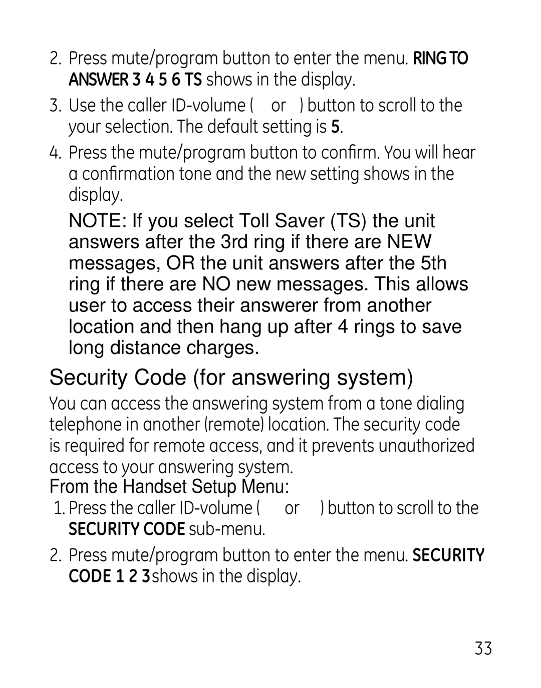 GE 27918, 7907, 00019188 manual Security Code for answering system 