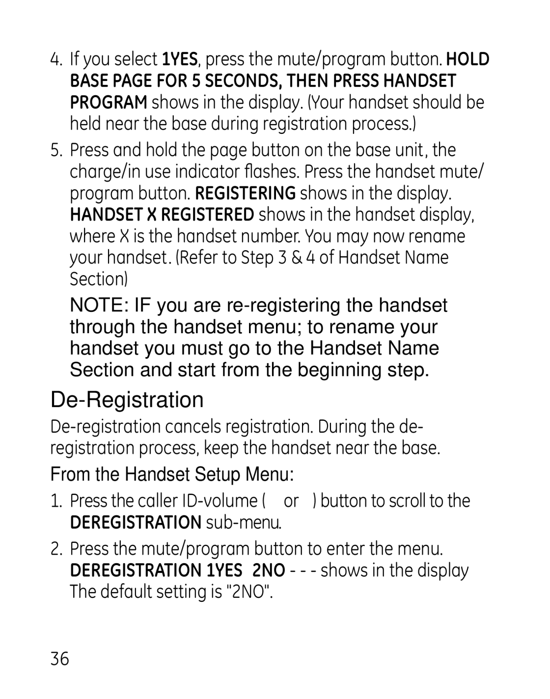 GE 27918, 7907, 00019188 manual De-Registration, If you select 1YES, press the mute/program button. Hold 