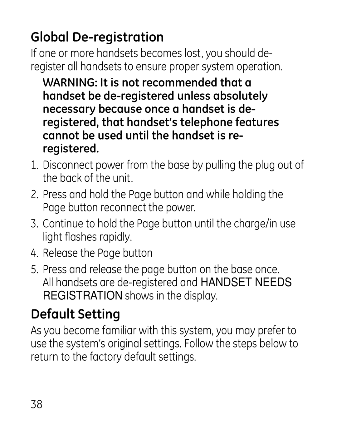 GE 00019188, 27918, 7907 manual Global De-registration, Default Setting 