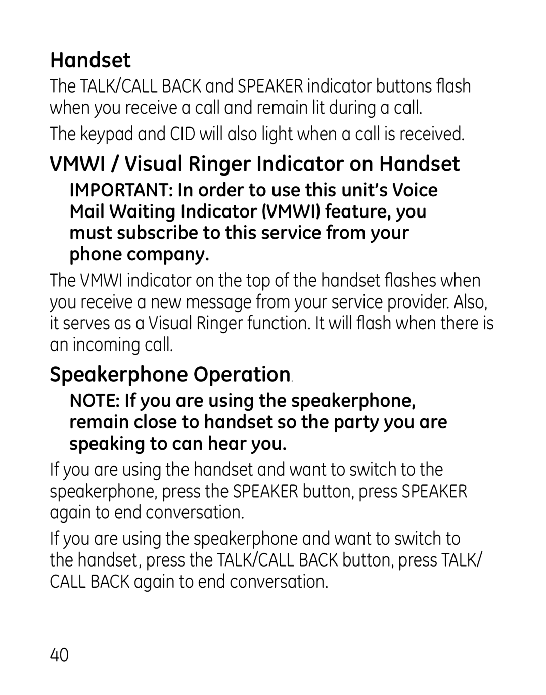 GE 7907, 27918, 00019188 manual Vmwi / Visual Ringer Indicator on Handset, Speakerphone Operation 