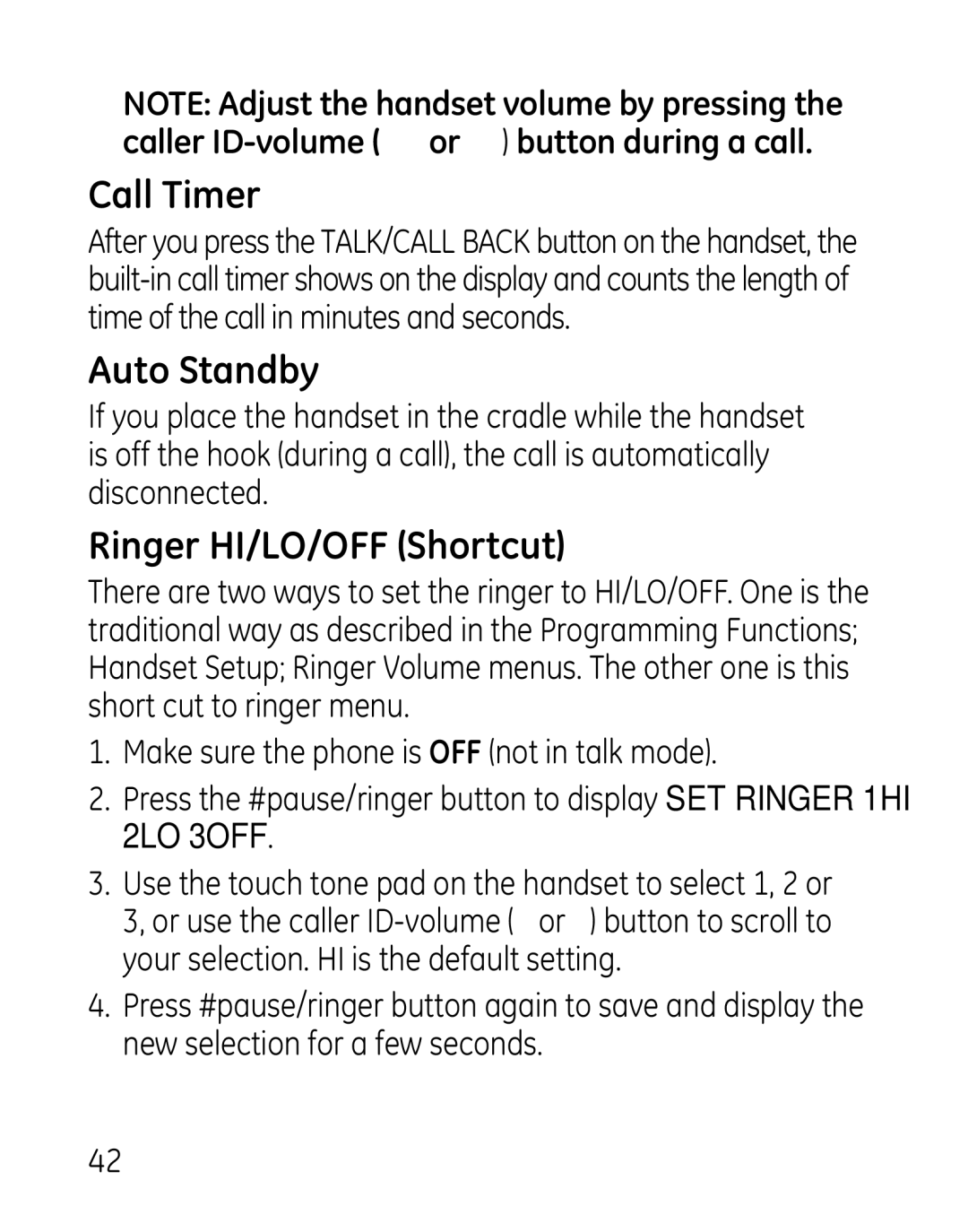 GE 27918, 7907, 00019188 manual Call Timer, Auto Standby, Ringer HI/LO/OFF Shortcut 