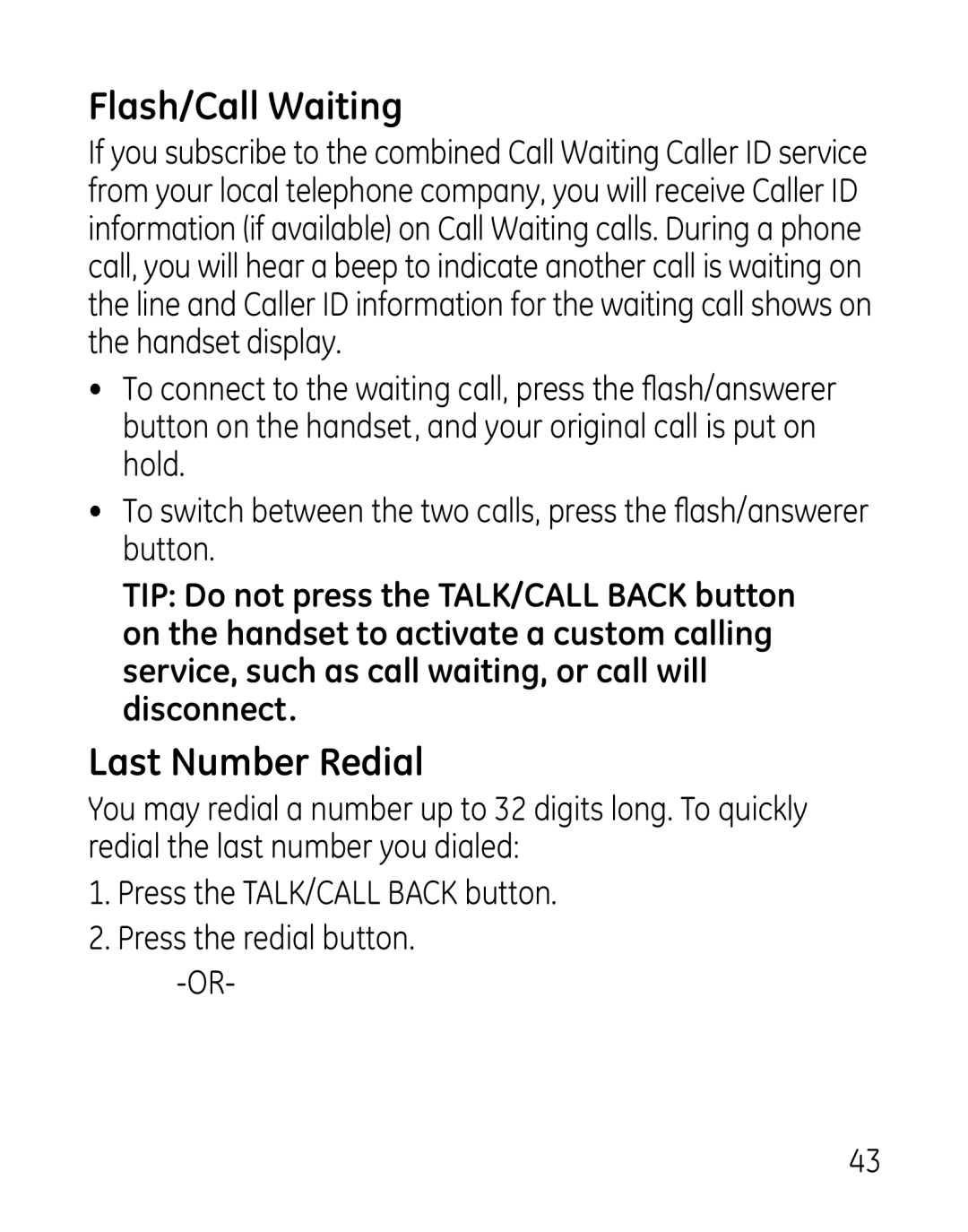 GE 7907, 27918, 00019188 manual Flash/Call Waiting, Last Number Redial 