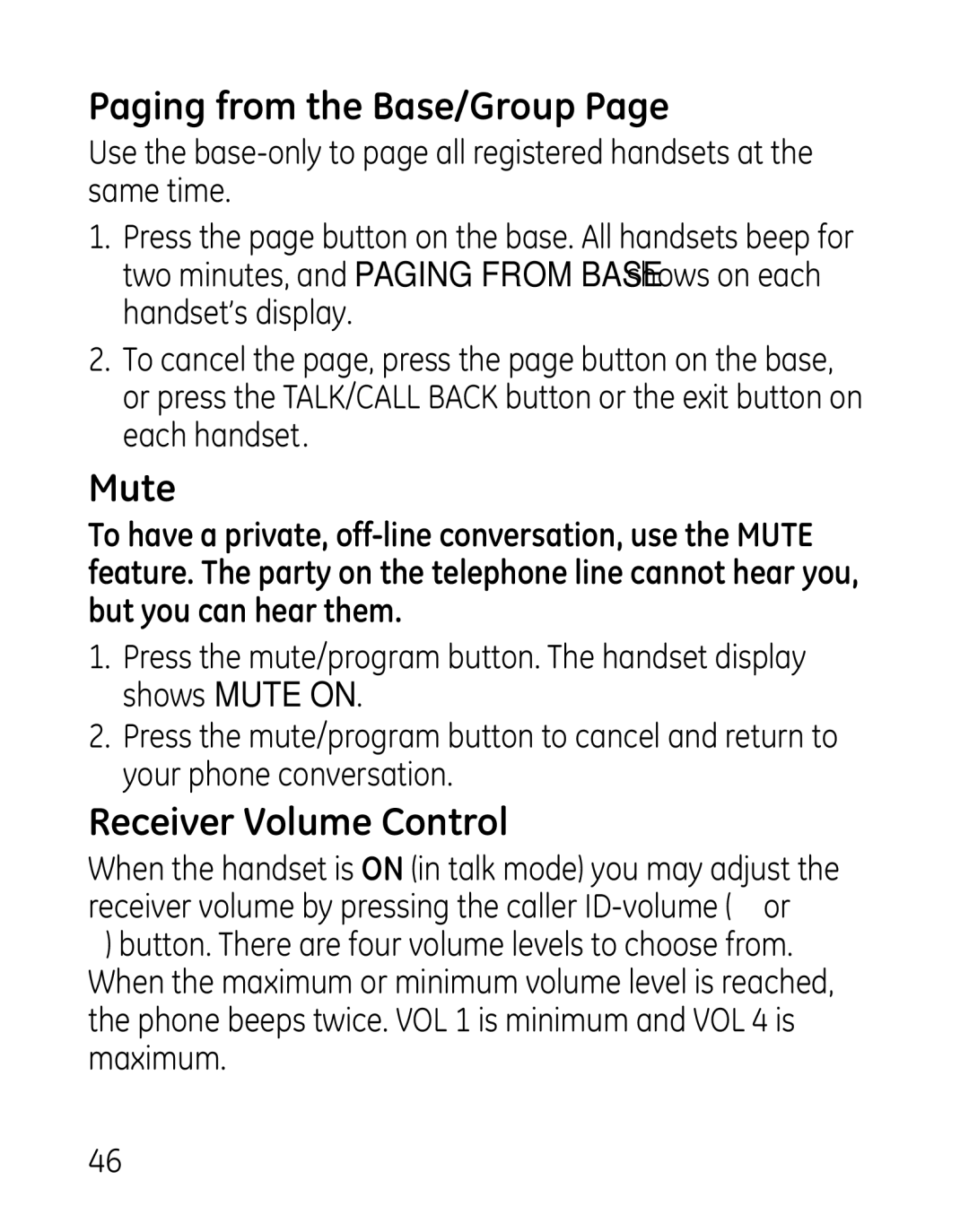 GE 7907, 27918, 00019188 manual Paging from the Base/Group, Mute, Receiver Volume Control 