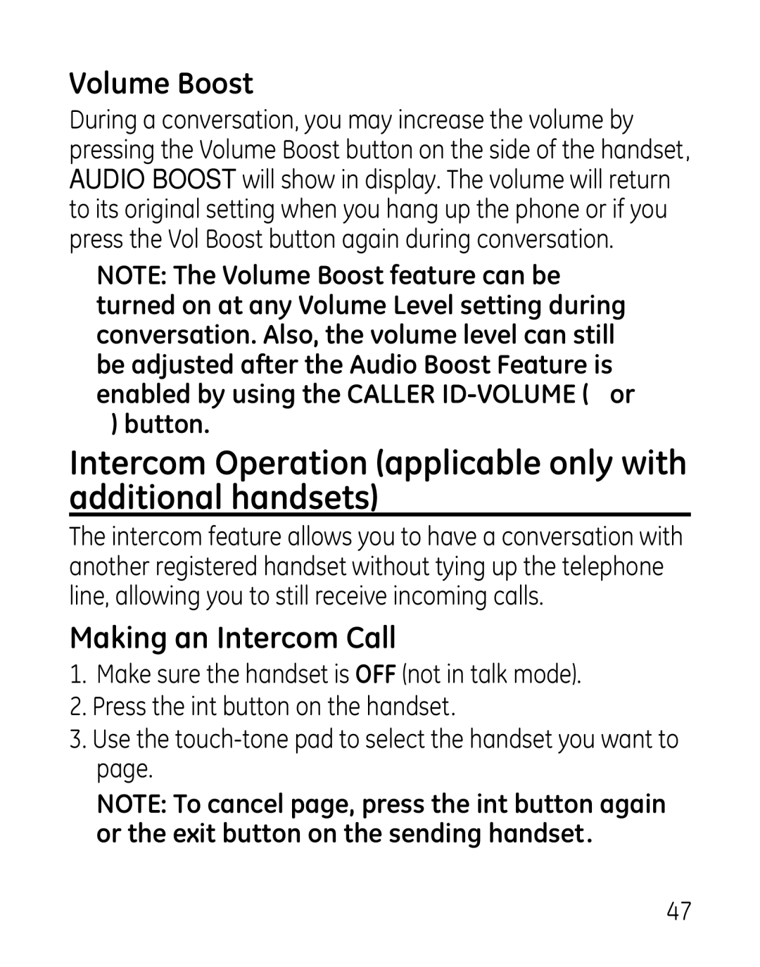 GE 00019188, 27918, 7907 Intercom Operation applicable only with additional handsets, Volume Boost, Making an Intercom Call 