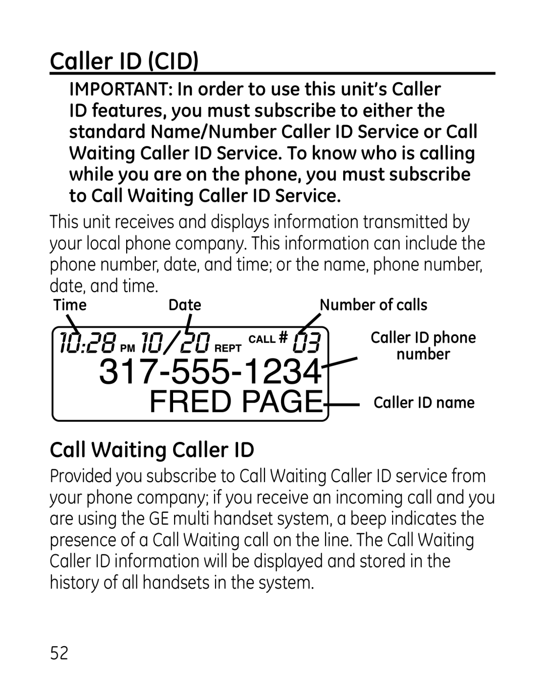 GE 7907, 27918, 00019188 manual Caller ID CID, Call Waiting Caller ID 