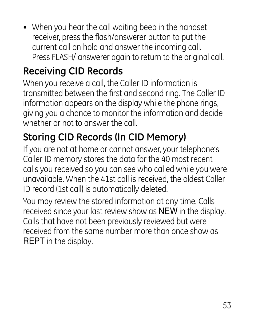 GE 00019188, 27918, 7907 manual Receiving CID Records, Storing CID Records In CID Memory 