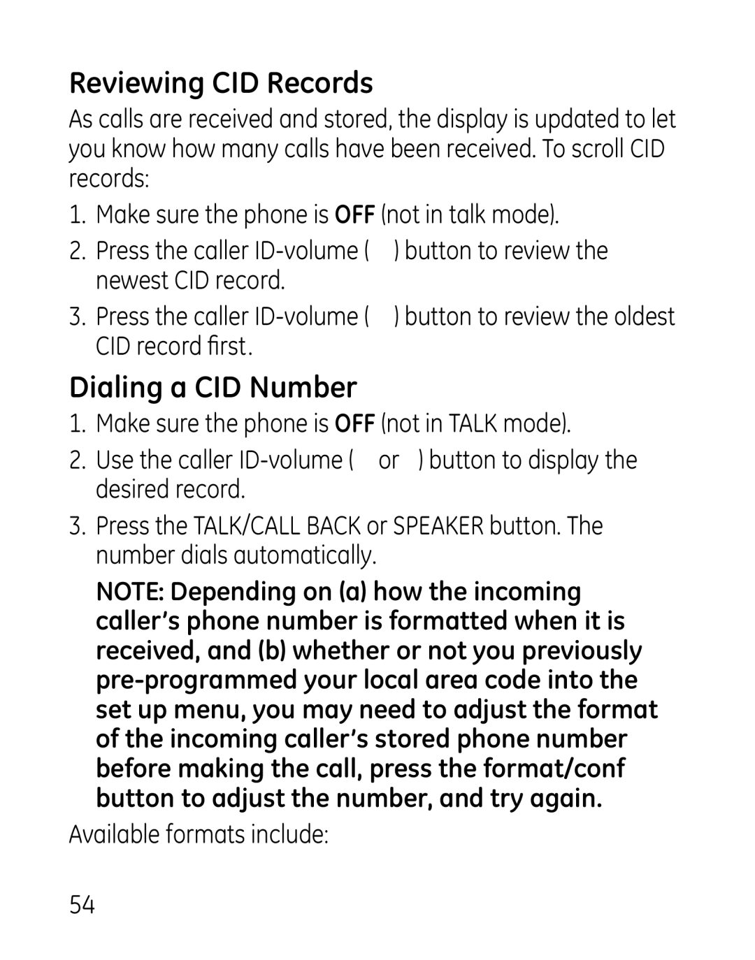 GE 27918, 7907, 00019188 manual Reviewing CID Records, Dialing a CID Number, Available formats include 