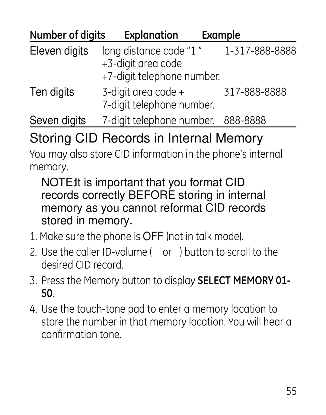 GE 7907, 27918, 00019188 manual Storing CID Records in Internal Memory, +3-digit area code, Digit area code +, 888-8888 