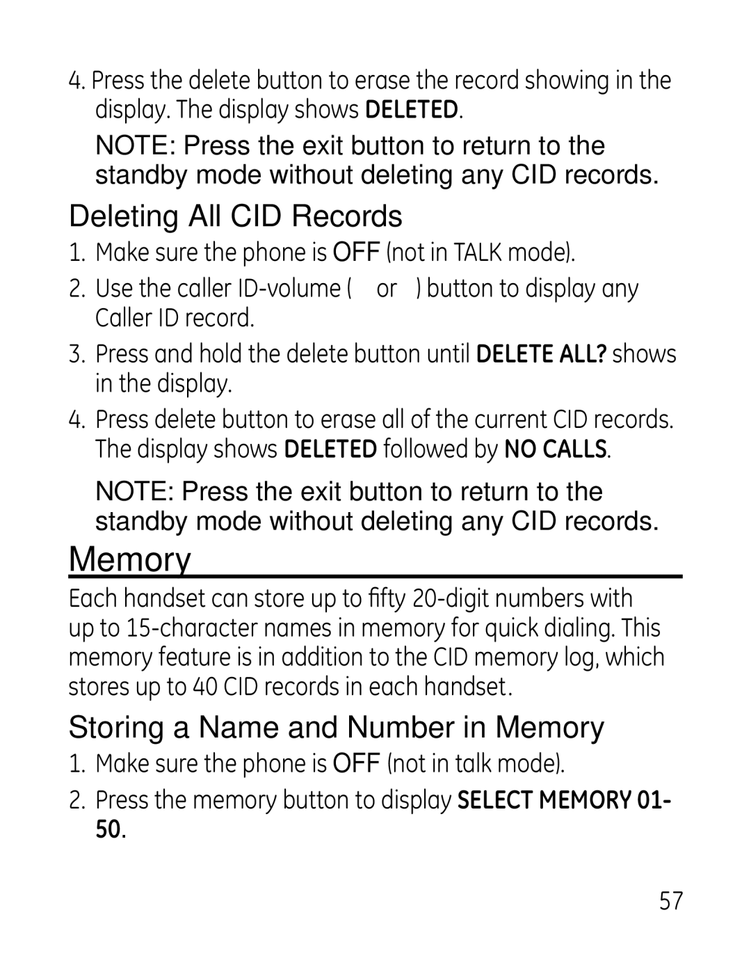 GE 27918, 7907, 00019188 manual Deleting All CID Records, Storing a Name and Number in Memory 