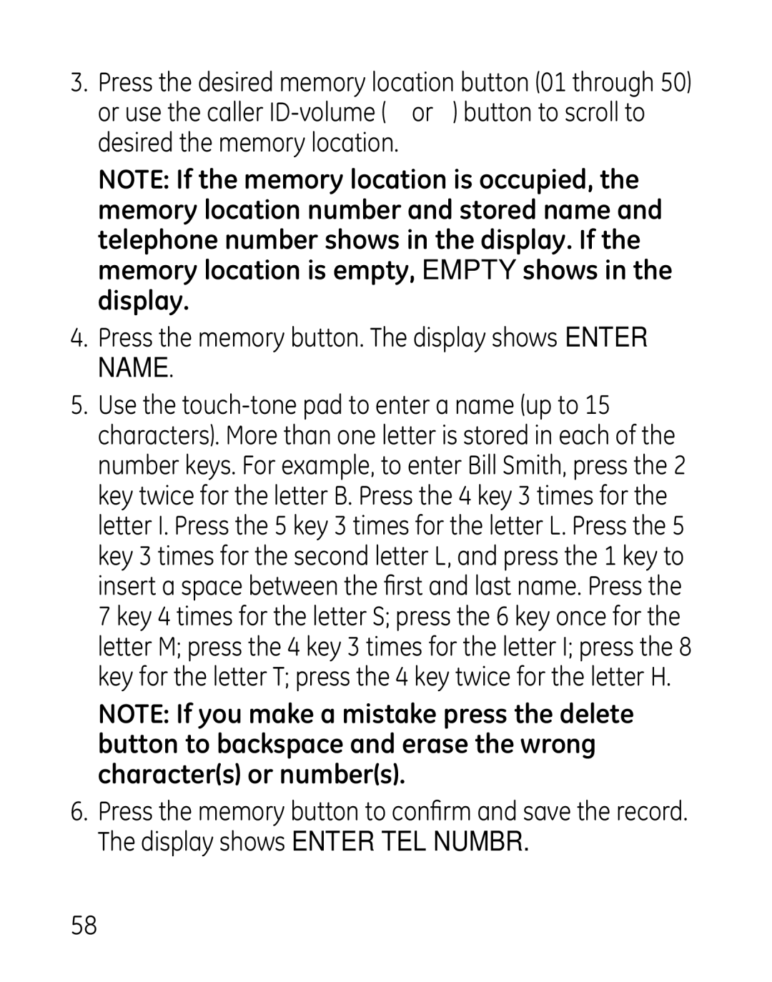 GE 7907, 27918, 00019188 manual Press the memory button. The display shows Enter Name 