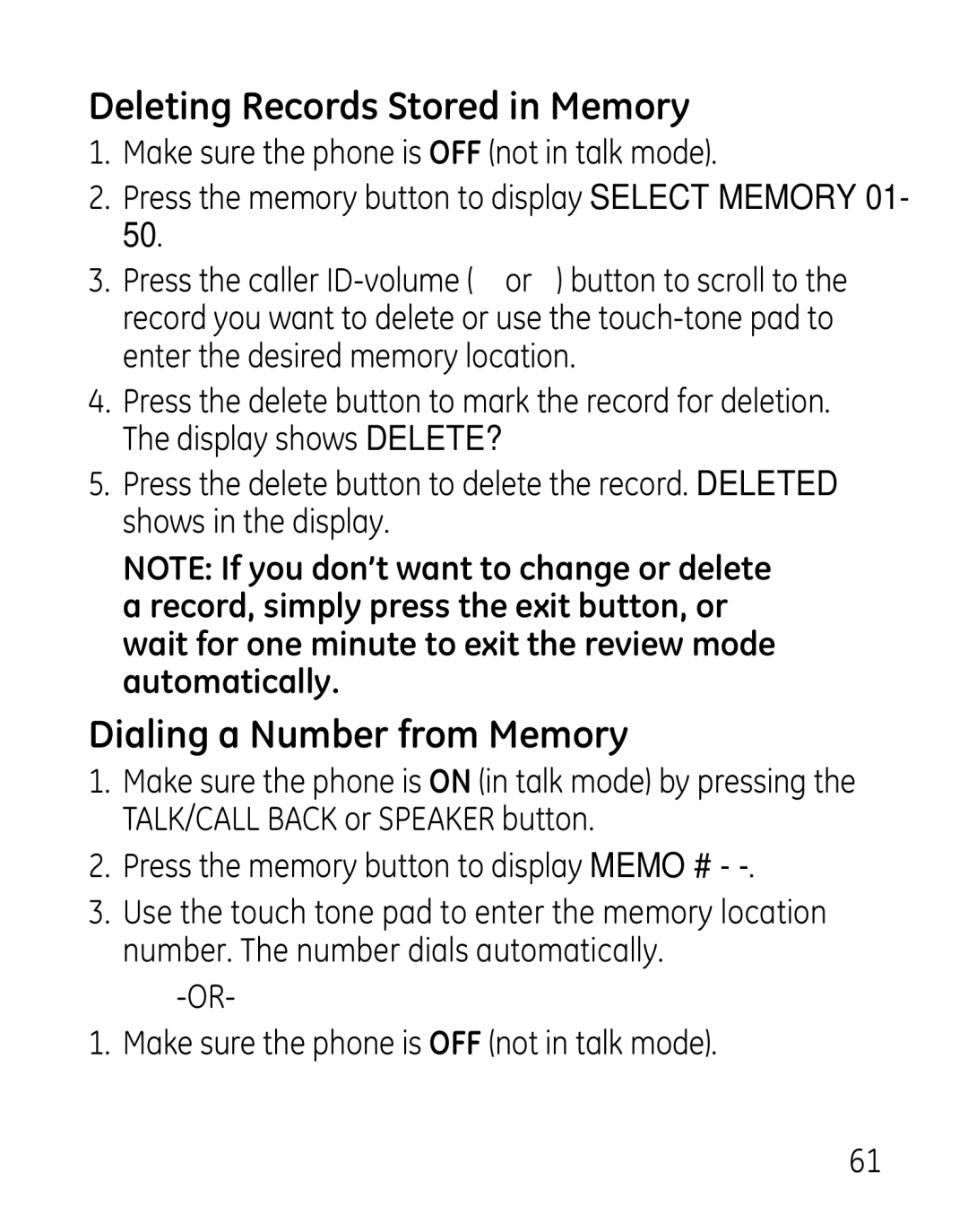 GE 7907, 27918 Deleting Records Stored in Memory, Dialing a Number from Memory, Press the memory button to display Memo # 