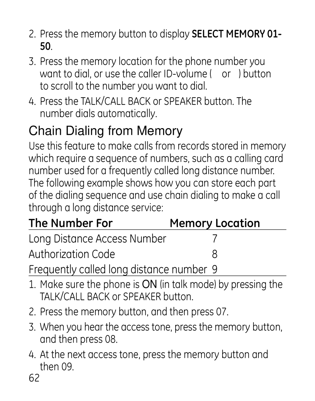 GE 00019188, 27918, 7907 manual Chain Dialing from Memory, Number For 